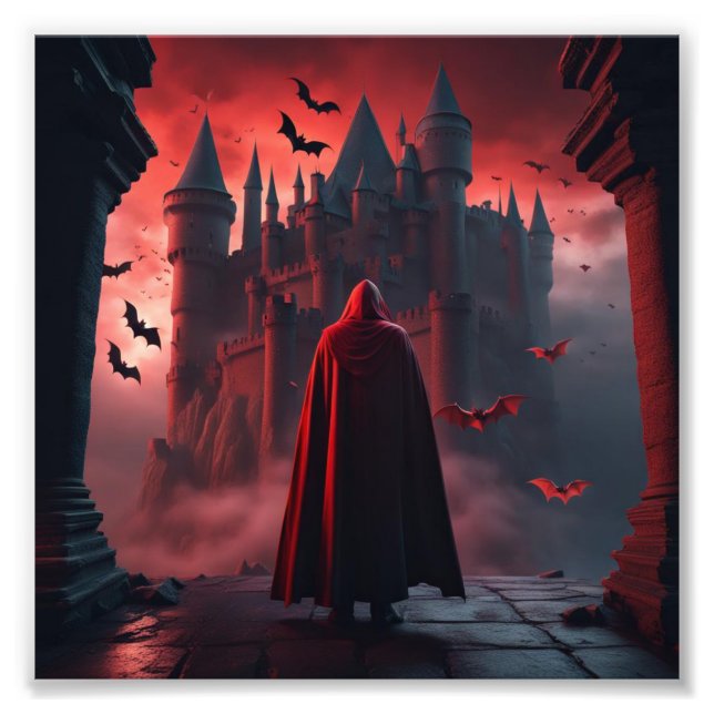 Dracula with Castle and Flying Bats Photo Print (Front)