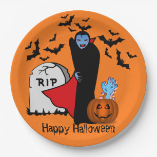 Dracula Zombie Hand Pumpkin Bats And A Tombstone P Paper Plate