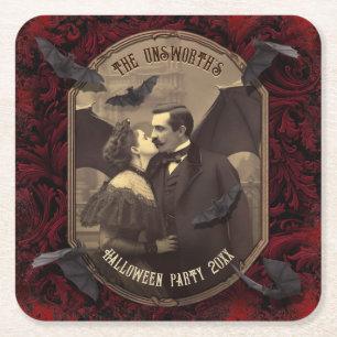 Dracula's Romantic Vampire Kiss Halloween Party  Square Paper Coaster