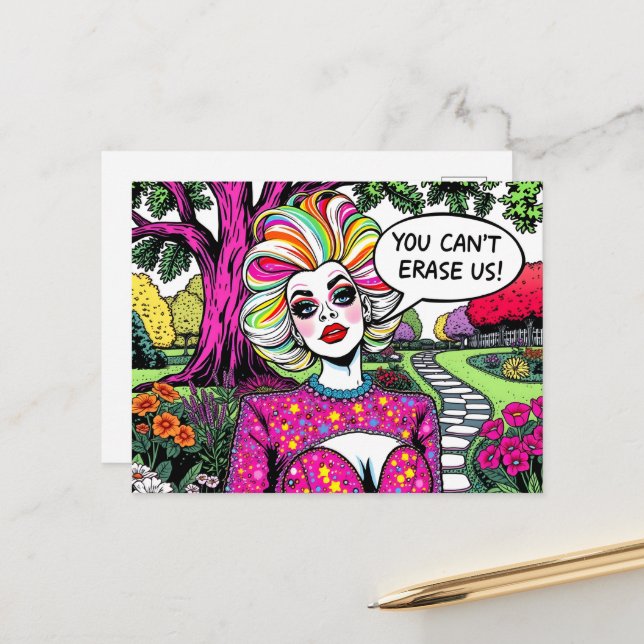 Drag queen You Cant Erase Us Postcard (Front/Back In Situ)