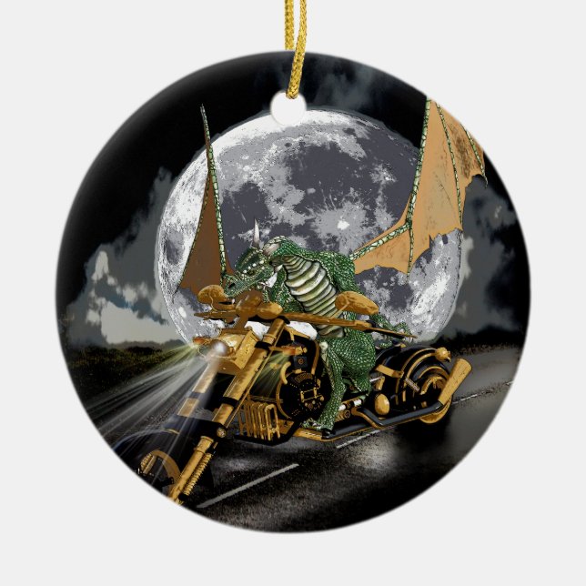 Drag-racing Dragon and Moon Fantasy Artwork Ceramic Ornament (Front)