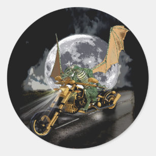 Drag-racing Dragon and Moon Fantasy Artwork Classic Round Sticker