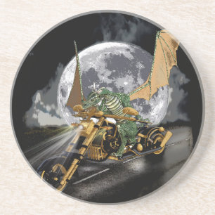 Drag-racing Dragon and Moon Fantasy Artwork Coaster