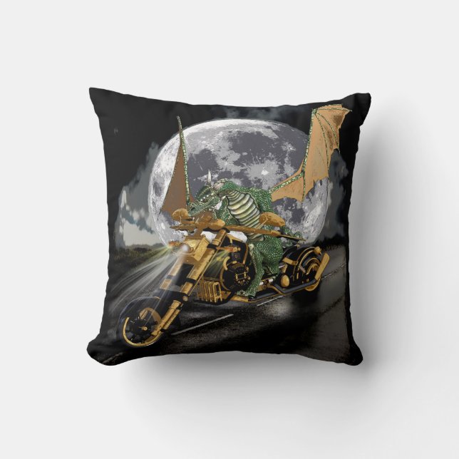 Drag-racing Dragon and Moon Fantasy Artwork Cushion (Front)
