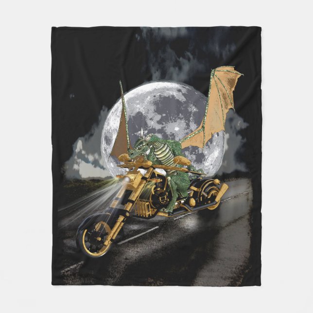 Drag-racing Dragon and Moon Fantasy Artwork Fleece Blanket (Front)