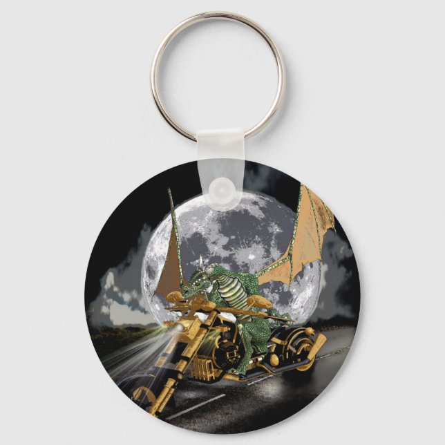Drag-racing Dragon and Moon Fantasy Artwork Key Ring (Front)