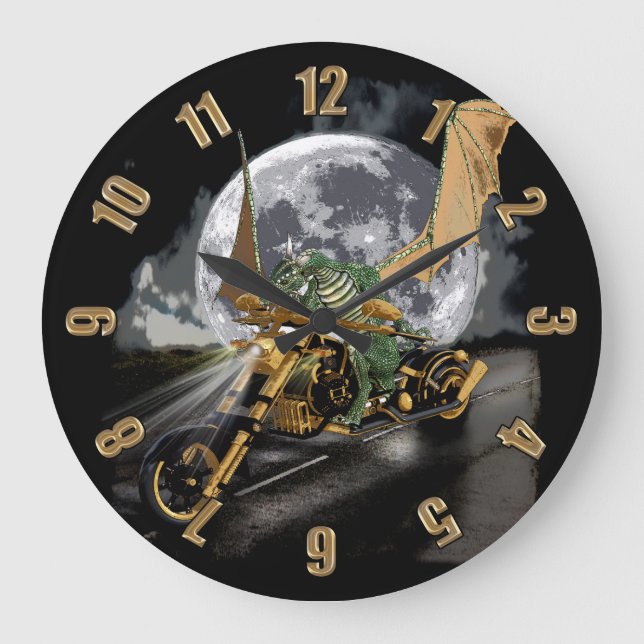 Drag-racing Dragon and Moon Fantasy Artwork Large Clock (Front)