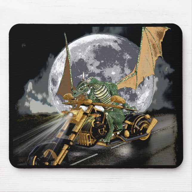 Drag-racing Dragon and Moon Fantasy Artwork Mouse Pad (Front)