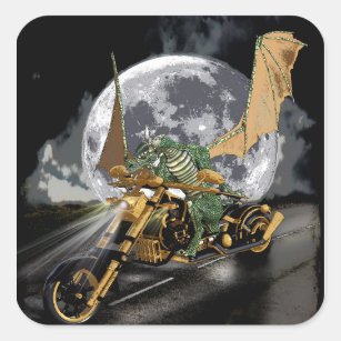 Drag-racing Dragon and Moon Fantasy Artwork Square Sticker