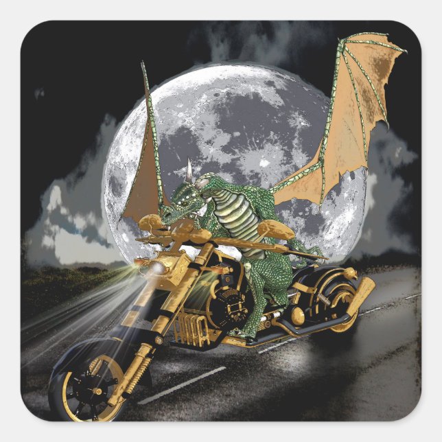 Drag-racing Dragon and Moon Fantasy Artwork Square Sticker (Front)