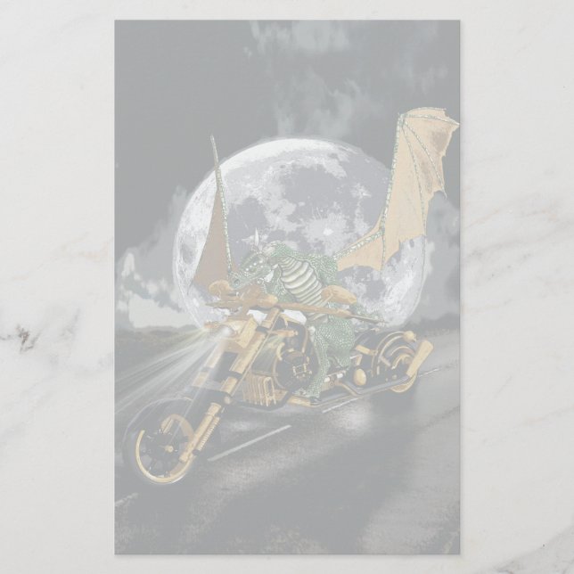 Drag-racing Dragon and Moon Fantasy Artwork Stationery (Front)