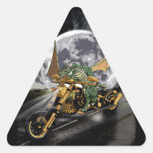 Drag-racing Dragon and Moon Fantasy Artwork Triangle Sticker