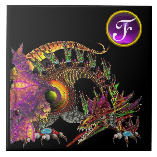 DRAGO,FANTASY DRAGON,PURPLE GEMSTONE MONOGRAM CERAMIC TILE (Front)