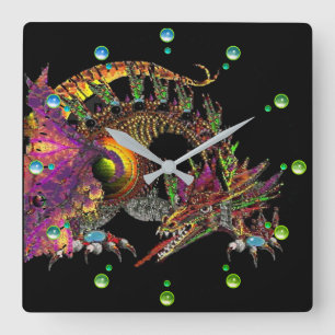 DRAGO /Fantasy Gold Dragon Black Blue Green Gems Square Wall Clock