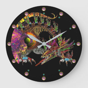 DRAGO /Fantasy Gold Dragon In Black Pink Gemstones Large Clock