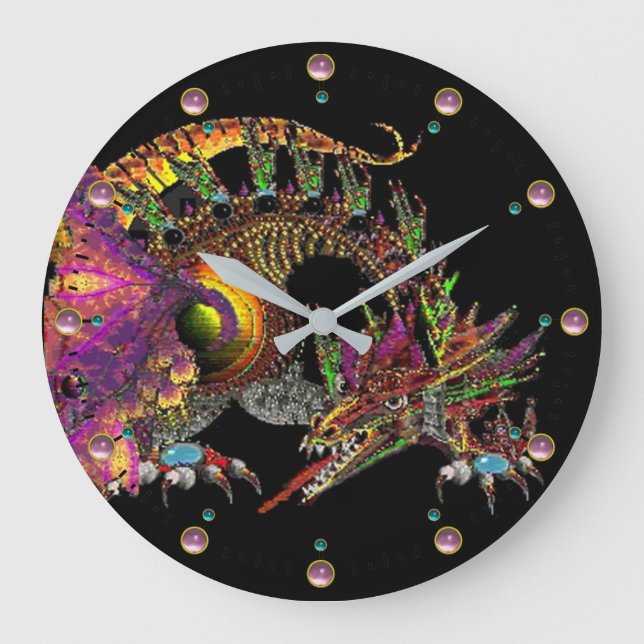 DRAGO /Fantasy Gold Dragon In Black Pink Gemstones Large Clock (Front)