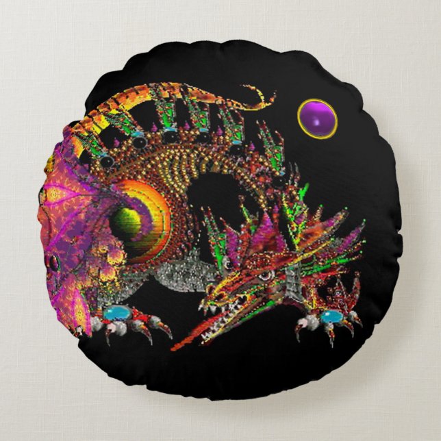 DRAGO /FANTASY GOLD DRAGON,PURPLE  BLACK MONOGRAM ROUND CUSHION (Front)