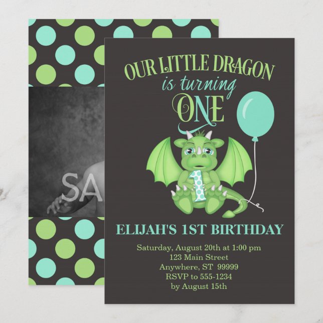 Dragon 1st Birthday Invitation w/ optional photo (Front/Back)
