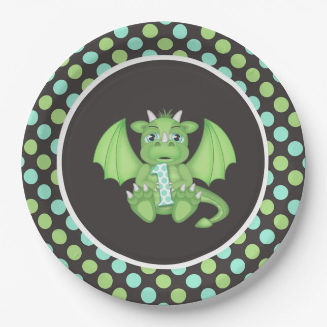 Dragon 1st Birthday Plates Green/Blue/Grey (Front)