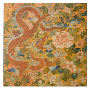 DRAGON AMONG PEONIES,FLOWERS,GREEN LEAVES Floral Ceramic Tile