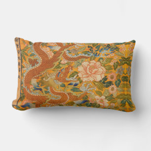 DRAGON AMONG PEONIES,FLOWERS,GREEN LEAVES Floral Lumbar Cushion