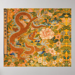 DRAGON AMONG PEONIES,FLOWERS,GREEN LEAVES Floral Poster