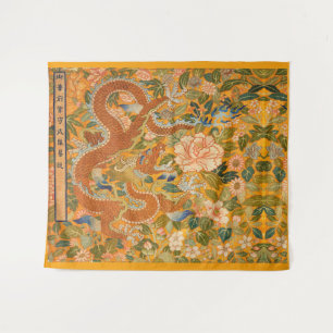 DRAGON AMONG PEONIES,FLOWERS,GREEN LEAVES Floral Tapestry