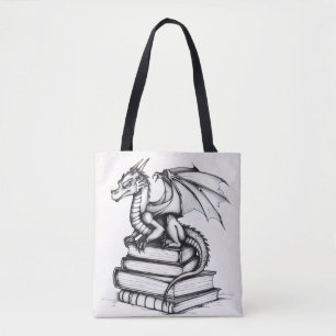 Dragon and Books Line Art Tote Bag