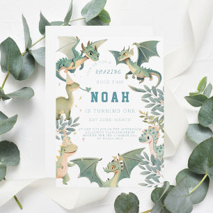 Dragon and Dino First Birthday Invitation