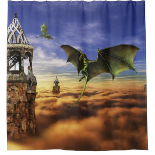 Dragon and Elf Fairy Sky Fantasy Landscape Shower Curtain