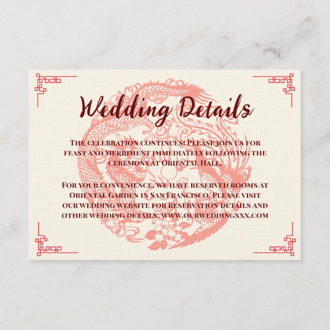 Dragon and phoenix beige chinese wedding details enclosure card (Back)