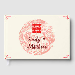 Dragon and Phoenix beige red chinese wedding Guest Book