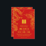 Dragon and Phoenix Double Happiness | Back Pattern Invitation<br><div class="desc">Introducing a stunning dragon and phoenix wedding invitation, exquisitely designed to capture the elements of traditional Chinese culture. This invitation boasts a striking colour scheme of red and gold, symbolising good fortune and purity, respectively. The double happiness symbol, prominently displayed towards the top, represents the joyous union of two individuals...</div>