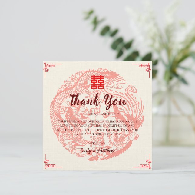 Dragon and phoenix red gold chinese wedding thank you card (Standing Front)