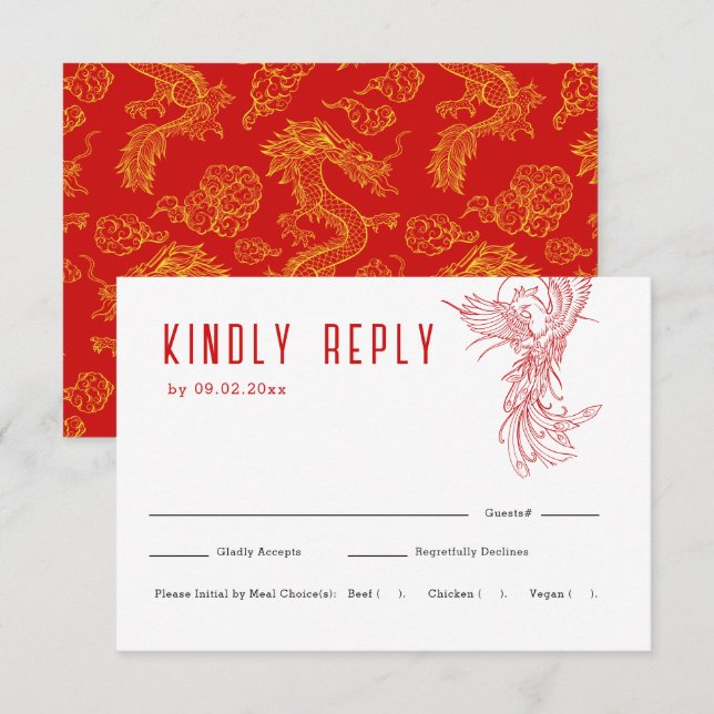 Dragon and Phoenix | Wedding RSVP + Meal Choice Card (Front/Back)