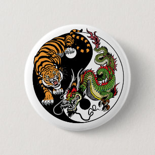 dragon and tiger yin yang symbol 6 cm round badge