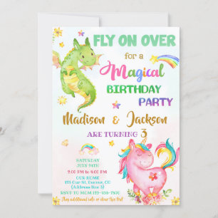 Dragon and unicorn birthday invitation boy & girl