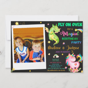 Dragon and unicorn birthday invitation boy & girl