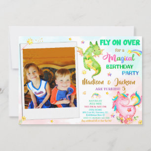 Dragon and unicorn birthday invitation boy & girl