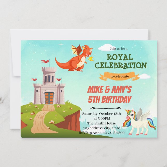 Dragon and unicorn birthday theme holiday card (Front)