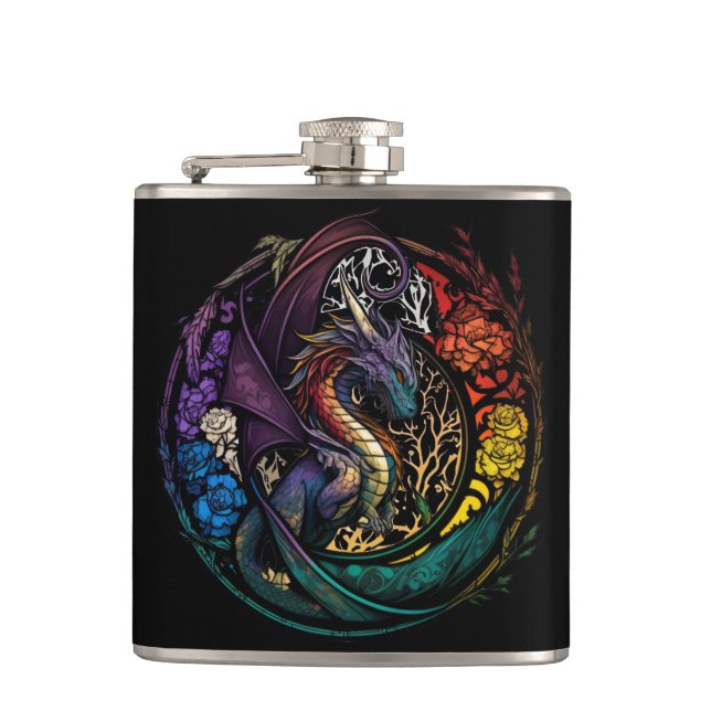 Dragon Animal Portrait Stained Glass Wildlife Free Hip Flask (Front)