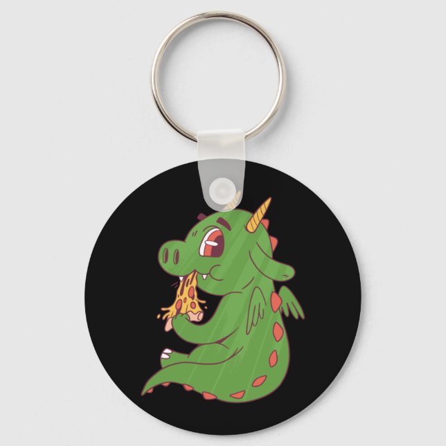 Dragon Baby Eating Yummy Pizza Slice Design Key Ring (Front)