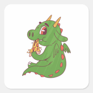 Dragon Baby Eating Yummy Pizza Slice Design Square Sticker