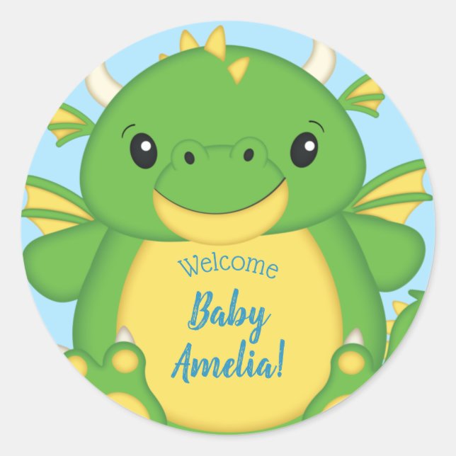 Dragon Baby Shower Blue Classic Round Sticker (Front)