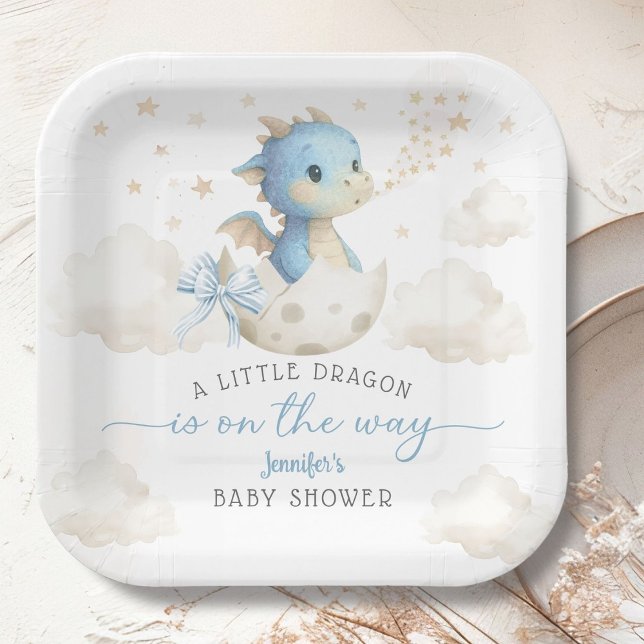 Dragon Baby Shower Boy Blue Cute Dragon Paper Plate (Creator Uploaded)