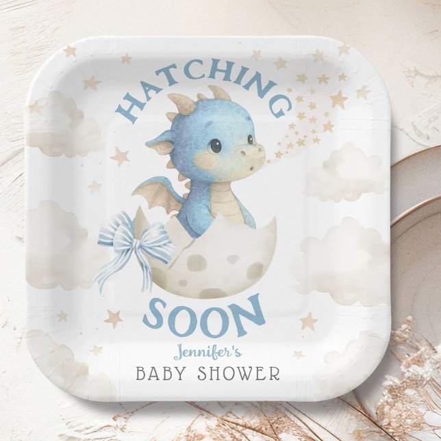 Dragon Baby Shower Boy Blue Hatching Soon Paper Plate (Creator Uploaded)