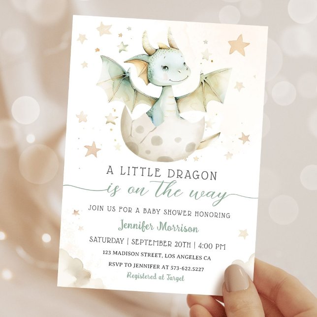 Dragon Baby Shower Cute Boho Green Watercolor   Invitation (Creator Uploaded)