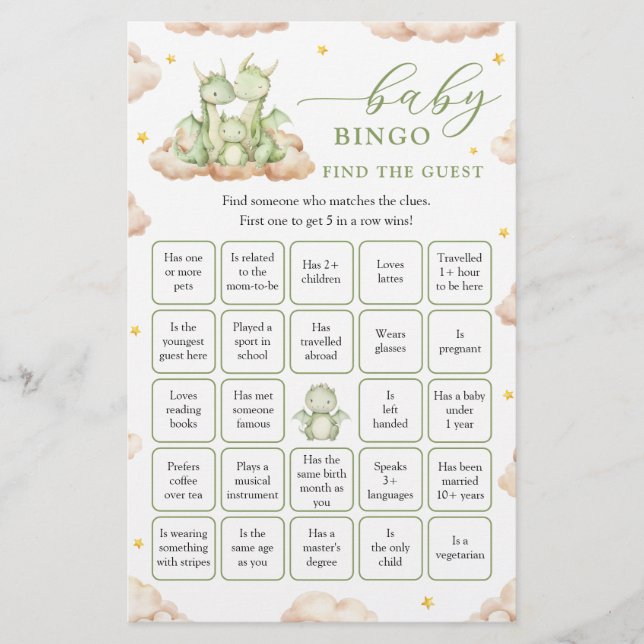 Dragon Baby Shower Find the Guest Bingo Game (Front)