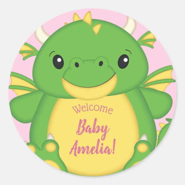 Dragon Baby Shower Pink Classic Round Sticker (Front)