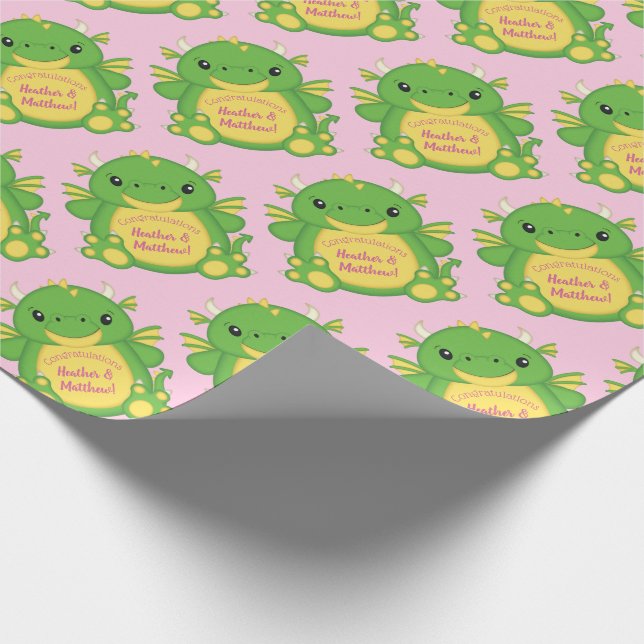 Dragon Baby Shower Pink Wrapping Paper (Corner)